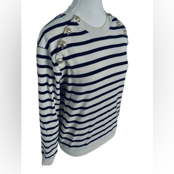 Cotton DEREK LAM IO Navy & Cream Knit Top Sweater Shirt Designer Gold Buttons SM - Picture 3 of 11